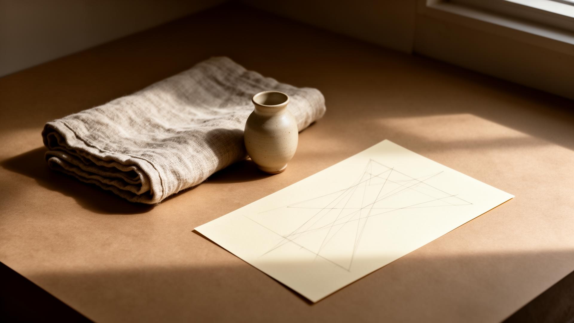 Still life of folded linen, ceramic vessel, and a sheet of paper in soft daylight